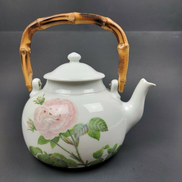 Aluminite Frugier Floral Tea Pot Bamboo Handle Vintage Limoges France EUC - Picture 3 of 12